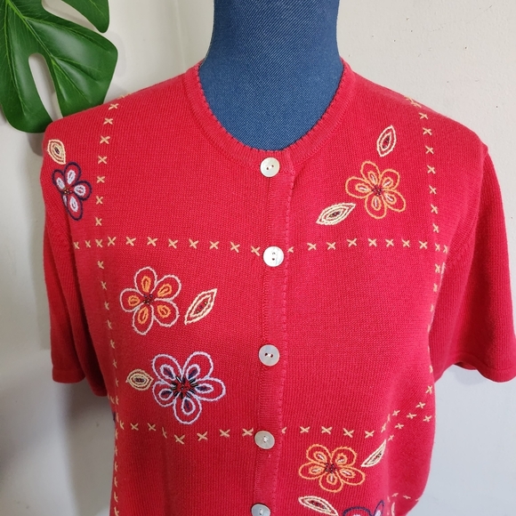 Alfred Dunner Red Embroidered SS Cotton Cardigan Sweater - Picture 4 of 7